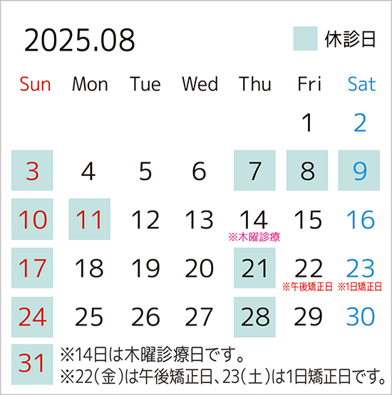 2025年8月のカレンダー。14日は木曜診療日、22日は午後矯正日、23日は1日矯正日です。